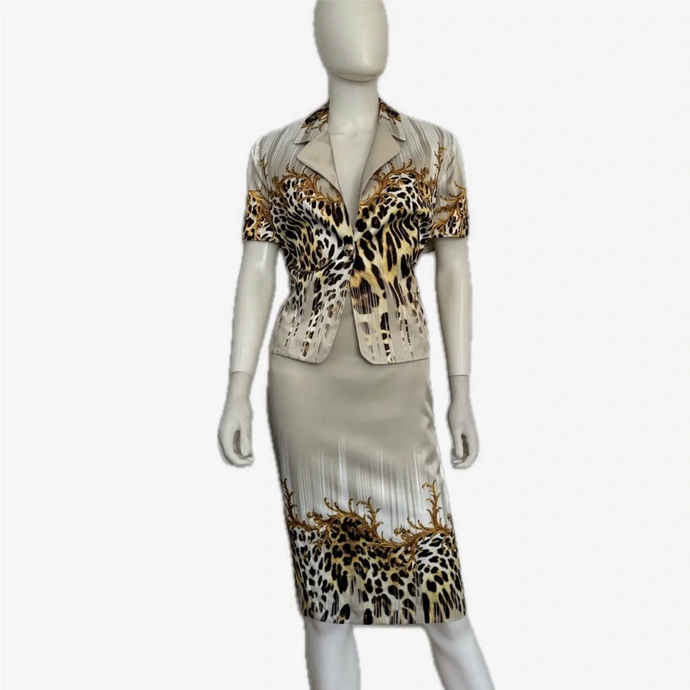 POLEN POE‎ SATIN SKIRT SUIT SET JACKET/SKIRT ANIMAL PRINT SHORT SLEEVES FORMAL